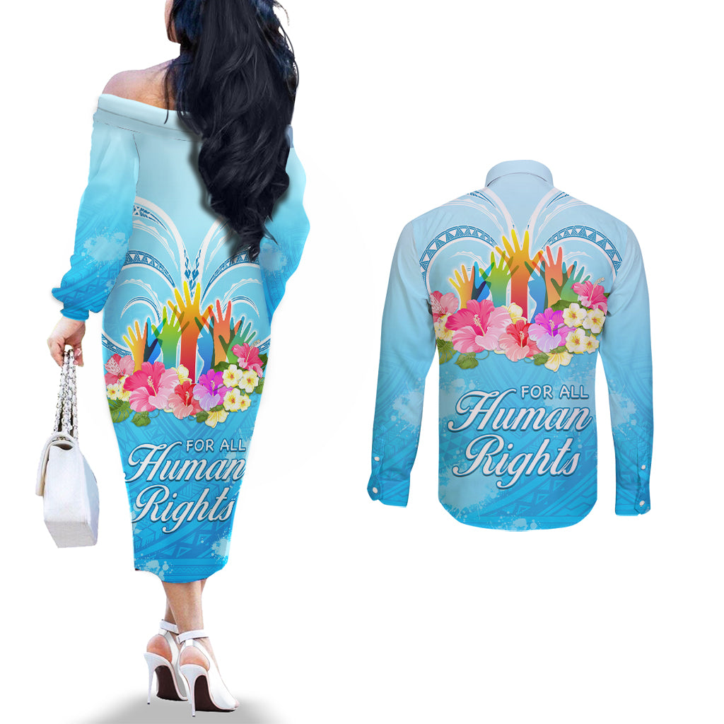 Universal Human Rights Month Couples Matching Off The Shoulder Long Sleeve Dress and Long Sleeve Button Shirt Polynesian Style LT05 - Polynesian Pride