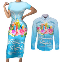 Universal Human Rights Month Couples Matching Short Sleeve Bodycon Dress and Long Sleeve Button Shirt Polynesian Style LT05 Blue - Polynesian Pride