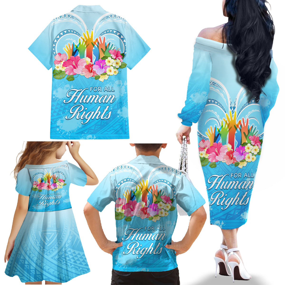 Universal Human Rights Month Family Matching Off Shoulder Long Sleeve Dress and Hawaiian Shirt Polynesian Style LT05 - Polynesian Pride