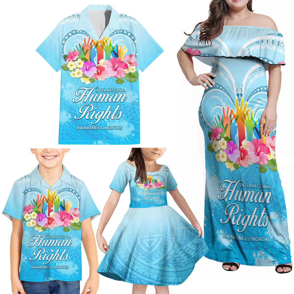 Universal Human Rights Month Family Matching Off Shoulder Maxi Dress and Hawaiian Shirt Polynesian Style LT05 - Polynesian Pride