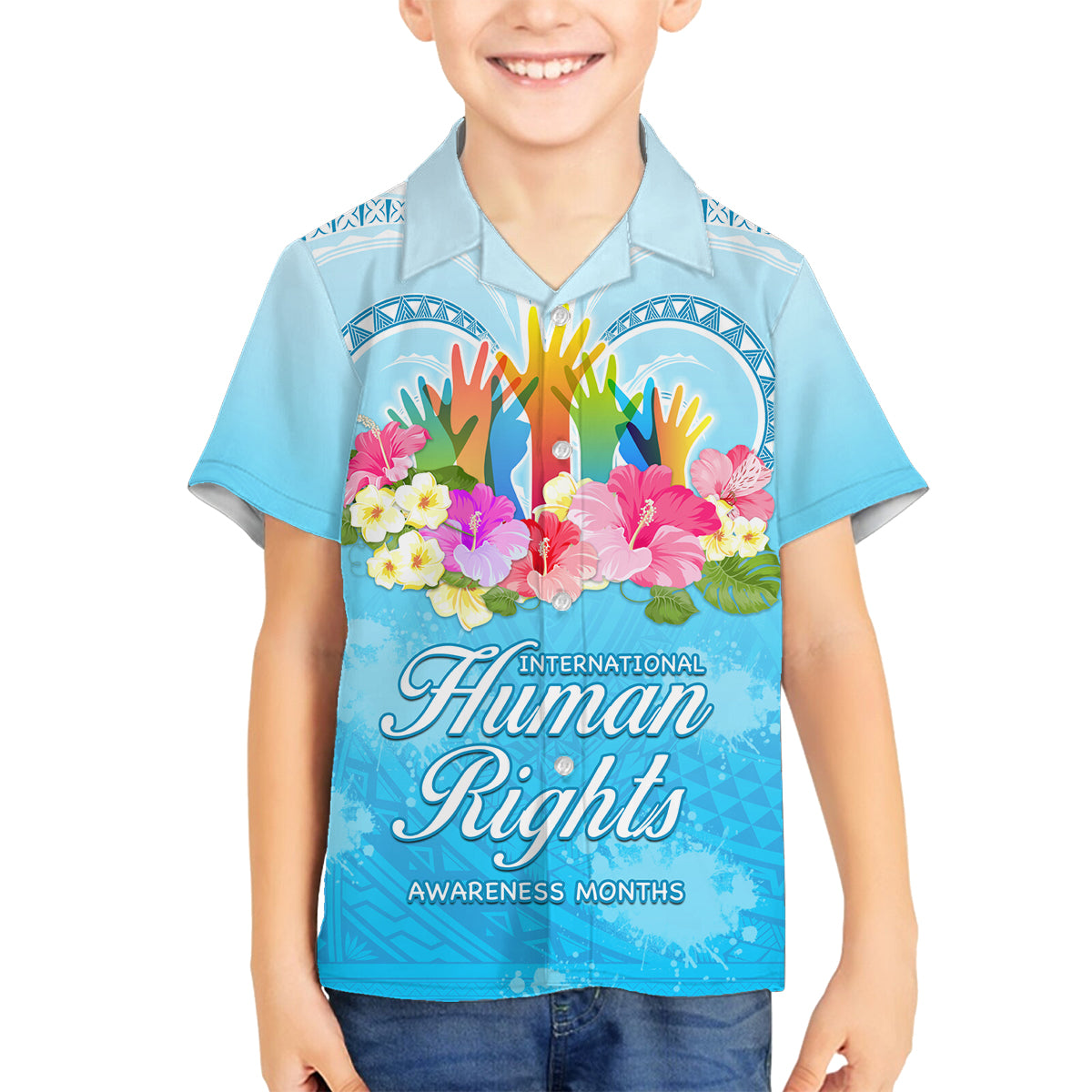 Universal Human Rights Month Family Matching Tank Maxi Dress and Hawaiian Shirt Polynesian Style LT05 Son's Shirt Blue - Polynesian Pride