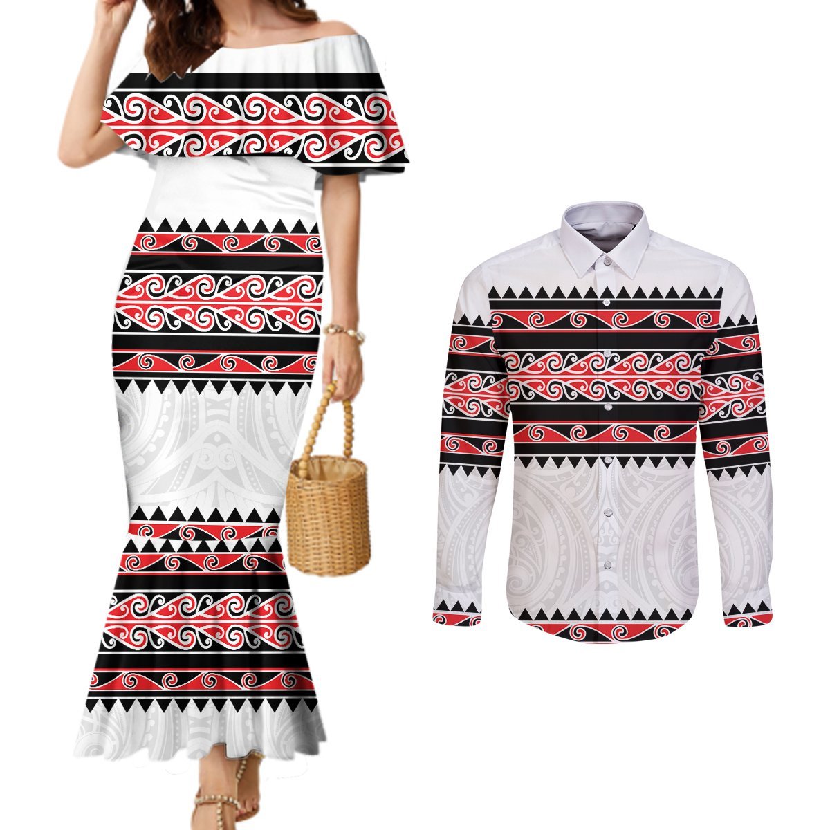 New Zealand Aotearoa Couples Matching Mermaid Dress and Long Sleeve Button Shirt With Kowhaiwhai Pattern Red Version LT05 Red - Polynesian Pride
