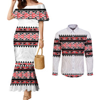 New Zealand Aotearoa Couples Matching Mermaid Dress and Long Sleeve Button Shirt With Kowhaiwhai Pattern Red Version LT05 Red - Polynesian Pride