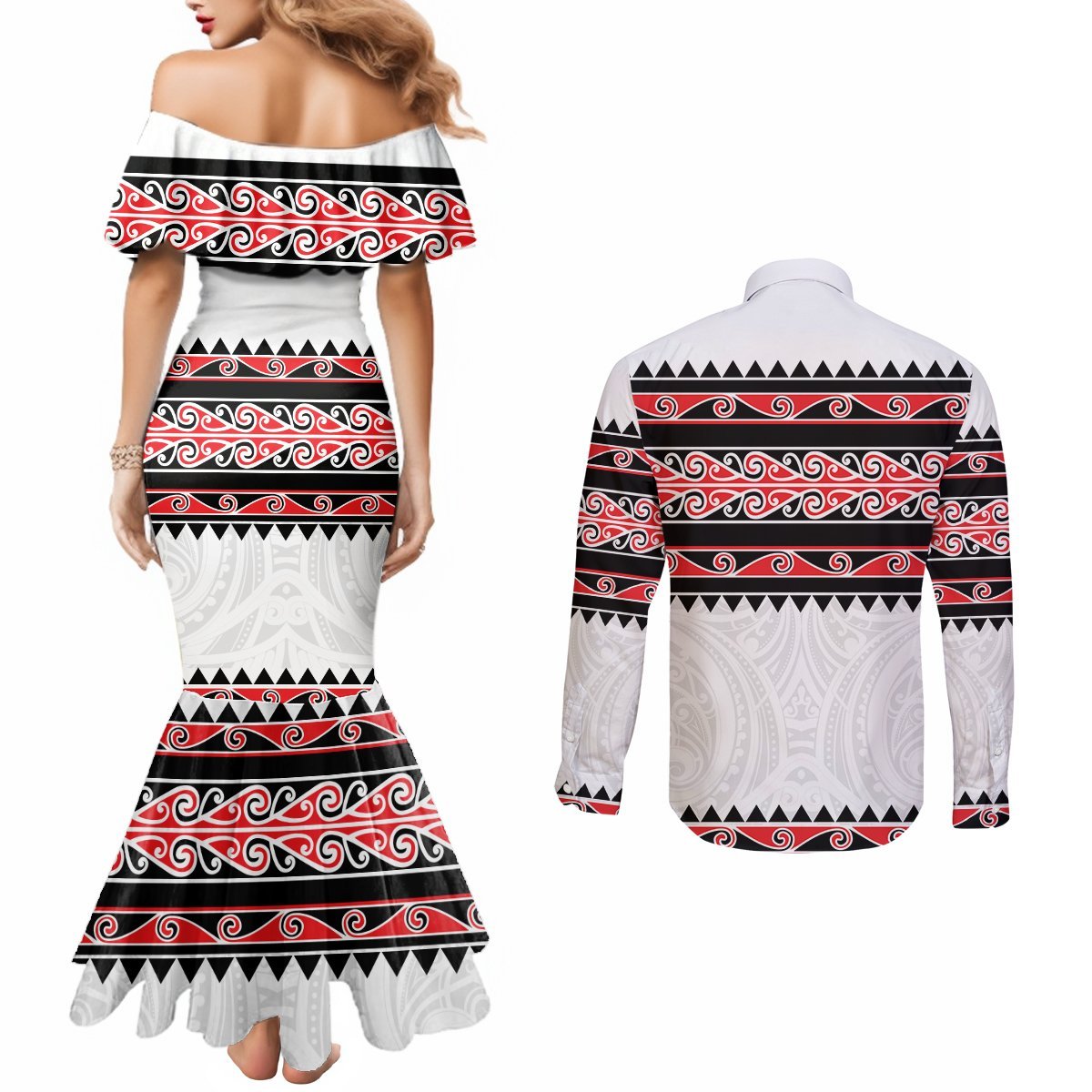 New Zealand Aotearoa Couples Matching Mermaid Dress and Long Sleeve Button Shirt With Kowhaiwhai Pattern Red Version LT05 - Polynesian Pride