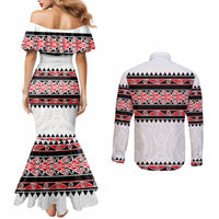 New Zealand Aotearoa Couples Matching Mermaid Dress and Long Sleeve Button Shirt With Kowhaiwhai Pattern Red Version LT05 - Polynesian Pride
