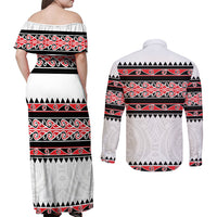 New Zealand Aotearoa Couples Matching Off Shoulder Maxi Dress and Long Sleeve Button Shirt With Kowhaiwhai Pattern Red Version LT05 - Polynesian Pride