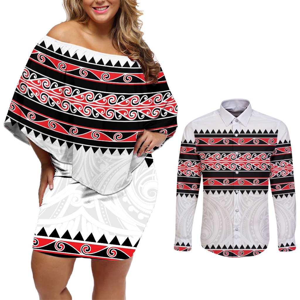 New Zealand Aotearoa Couples Matching Off Shoulder Short Dress and Long Sleeve Button Shirt With Kowhaiwhai Pattern Red Version LT05 Red - Polynesian Pride