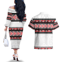 New Zealand Aotearoa Couples Matching Off The Shoulder Long Sleeve Dress and Hawaiian Shirt With Kowhaiwhai Pattern Red Version LT05 - Polynesian Pride