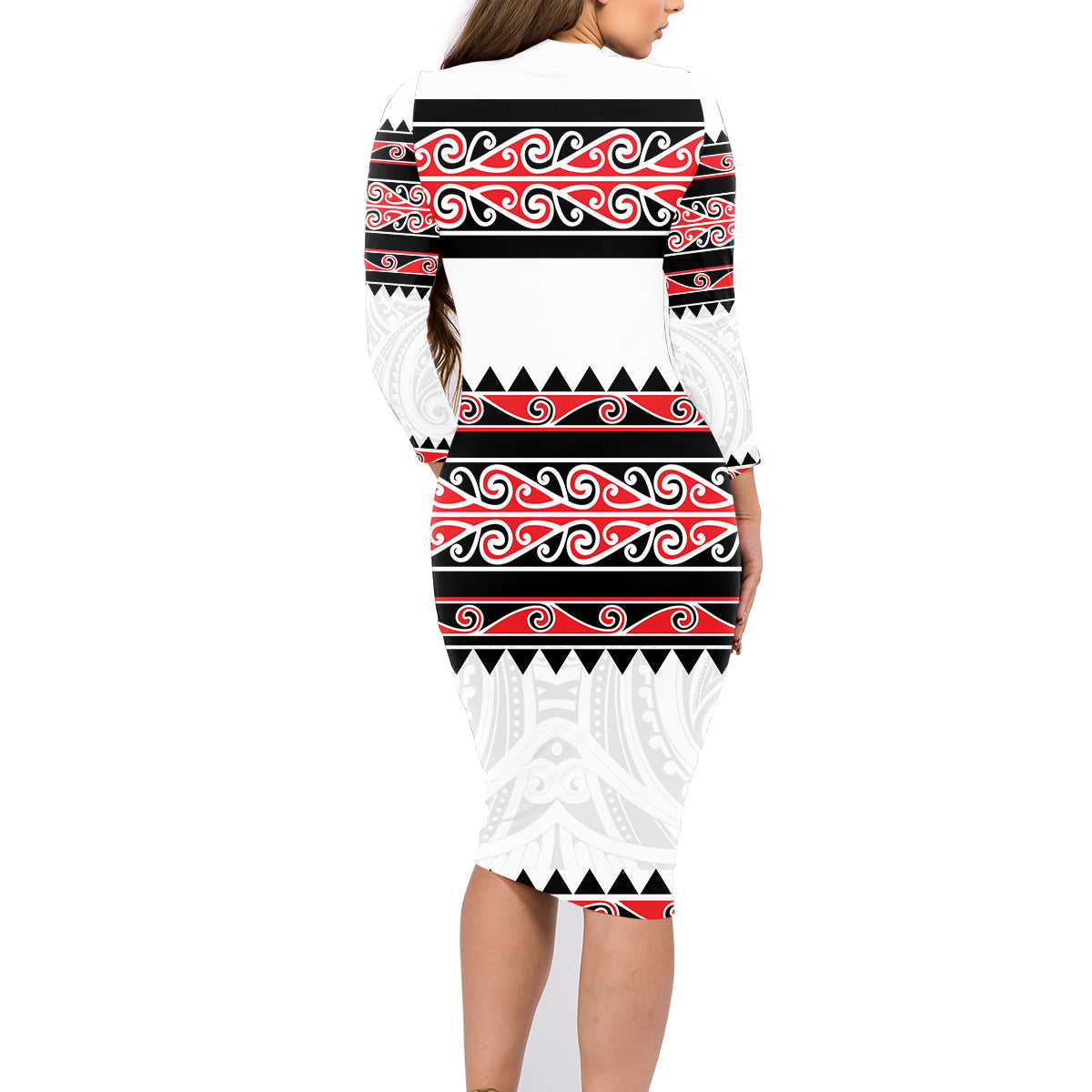 New Zealand Aotearoa Family Matching Long Sleeve Bodycon Dress and Hawaiian Shirt With Kowhaiwhai Pattern Red Version LT05 - Polynesian Pride