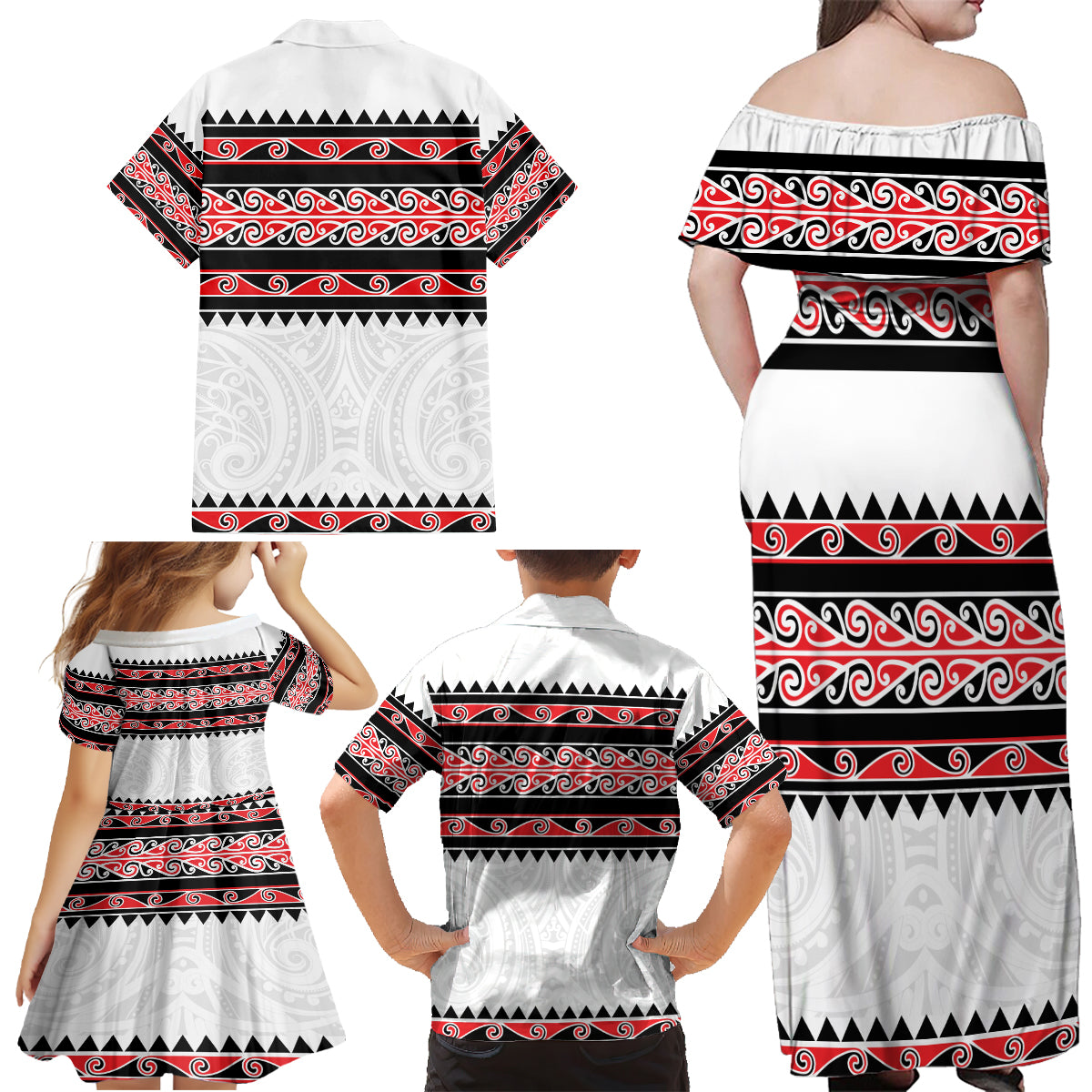 New Zealand Aotearoa Family Matching Off Shoulder Maxi Dress and Hawaiian Shirt With Kowhaiwhai Pattern Red Version LT05 - Polynesian Pride
