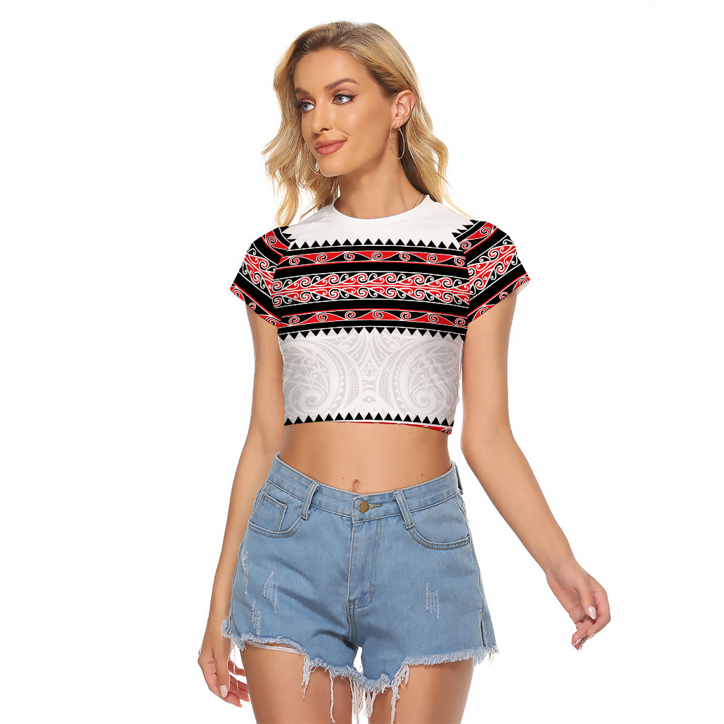 New Zealand Aotearoa Raglan Cropped T Shirt With Kowhaiwhai Pattern Red Version LT05 Female Red - Polynesian Pride