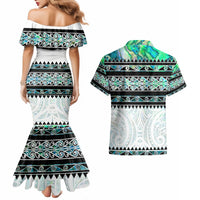 New Zealand Aotearoa Couples Matching Mermaid Dress and Hawaiian Shirt With Paua Shell Kowhaiwhai Pattern LT05 - Polynesian Pride