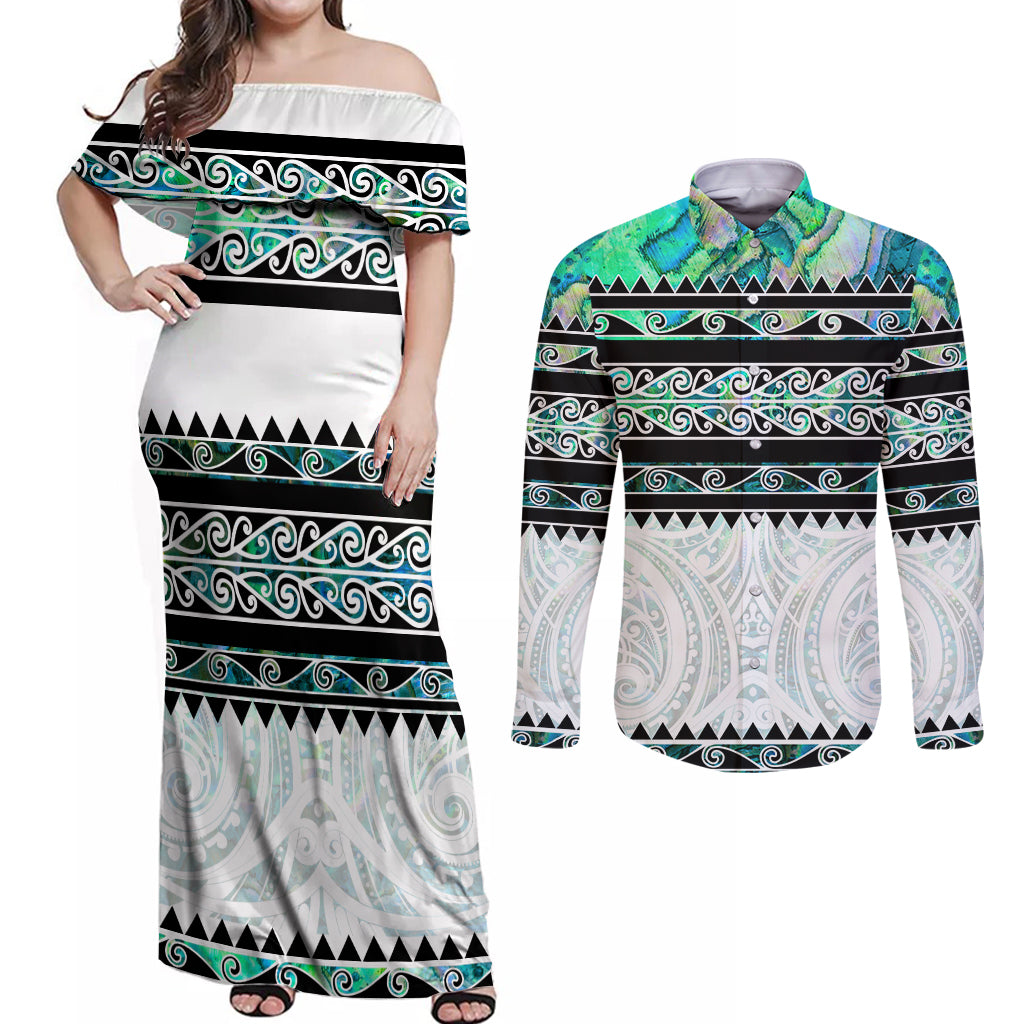 New Zealand Aotearoa Couples Matching Off Shoulder Maxi Dress and Long Sleeve Button Shirt With Paua Shell Kowhaiwhai Pattern LT05 Green - Polynesian Pride