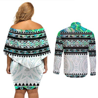 New Zealand Aotearoa Couples Matching Off Shoulder Short Dress and Long Sleeve Button Shirt With Paua Shell Kowhaiwhai Pattern LT05 - Polynesian Pride