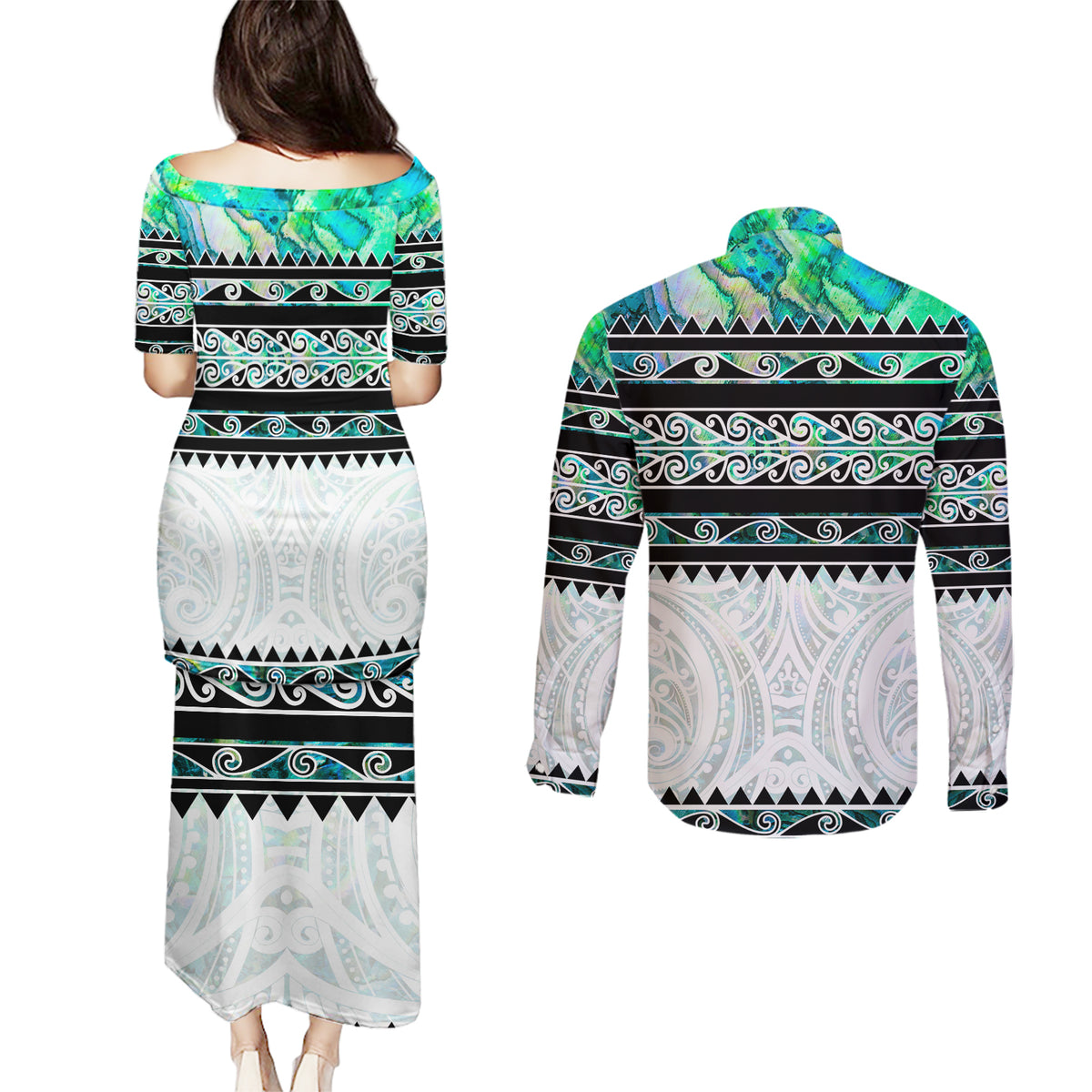 New Zealand Aotearoa Couples Matching Puletasi Dress and Long Sleeve Button Shirt With Paua Shell Kowhaiwhai Pattern LT05 - Polynesian Pride