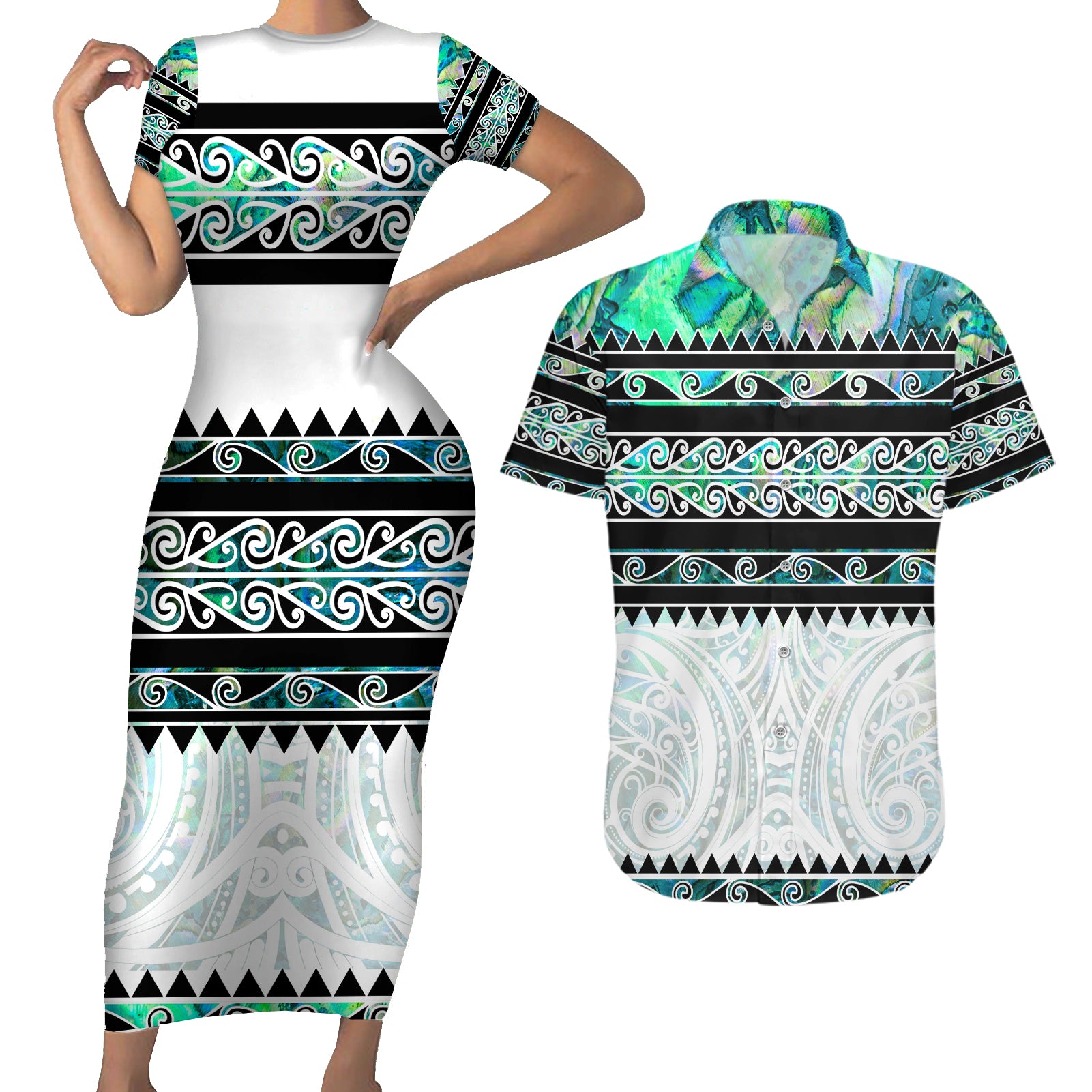 New Zealand Aotearoa Couples Matching Short Sleeve Bodycon Dress and Hawaiian Shirt With Paua Shell Kowhaiwhai Pattern LT05 Green - Polynesian Pride