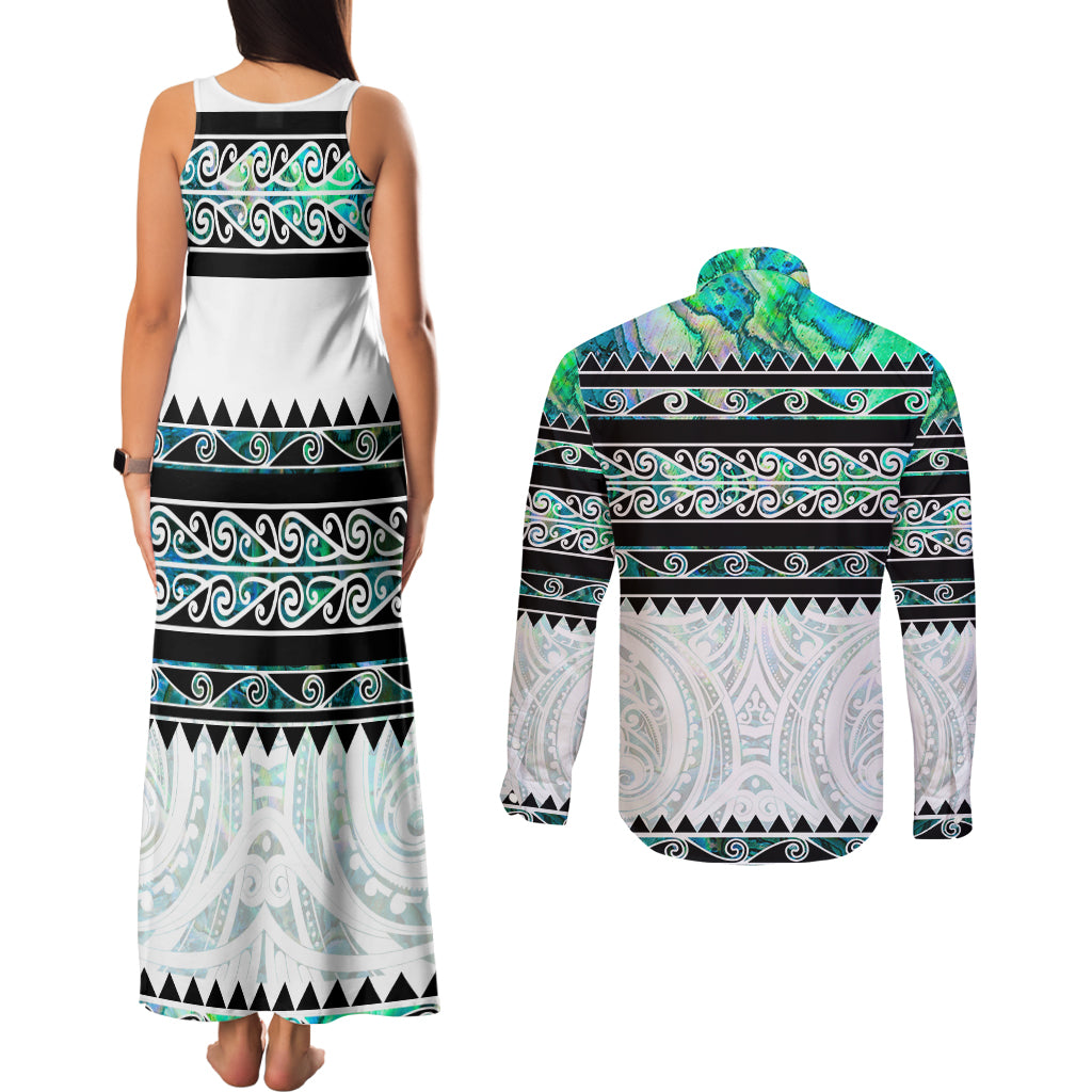 New Zealand Aotearoa Couples Matching Tank Maxi Dress and Long Sleeve Button Shirt With Paua Shell Kowhaiwhai Pattern LT05 - Polynesian Pride