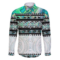 New Zealand Aotearoa Family Matching Long Sleeve Bodycon Dress and Hawaiian Shirt With Paua Shell Kowhaiwhai Pattern LT05 Dad's Shirt - Long Sleeve Green - Polynesian Pride
