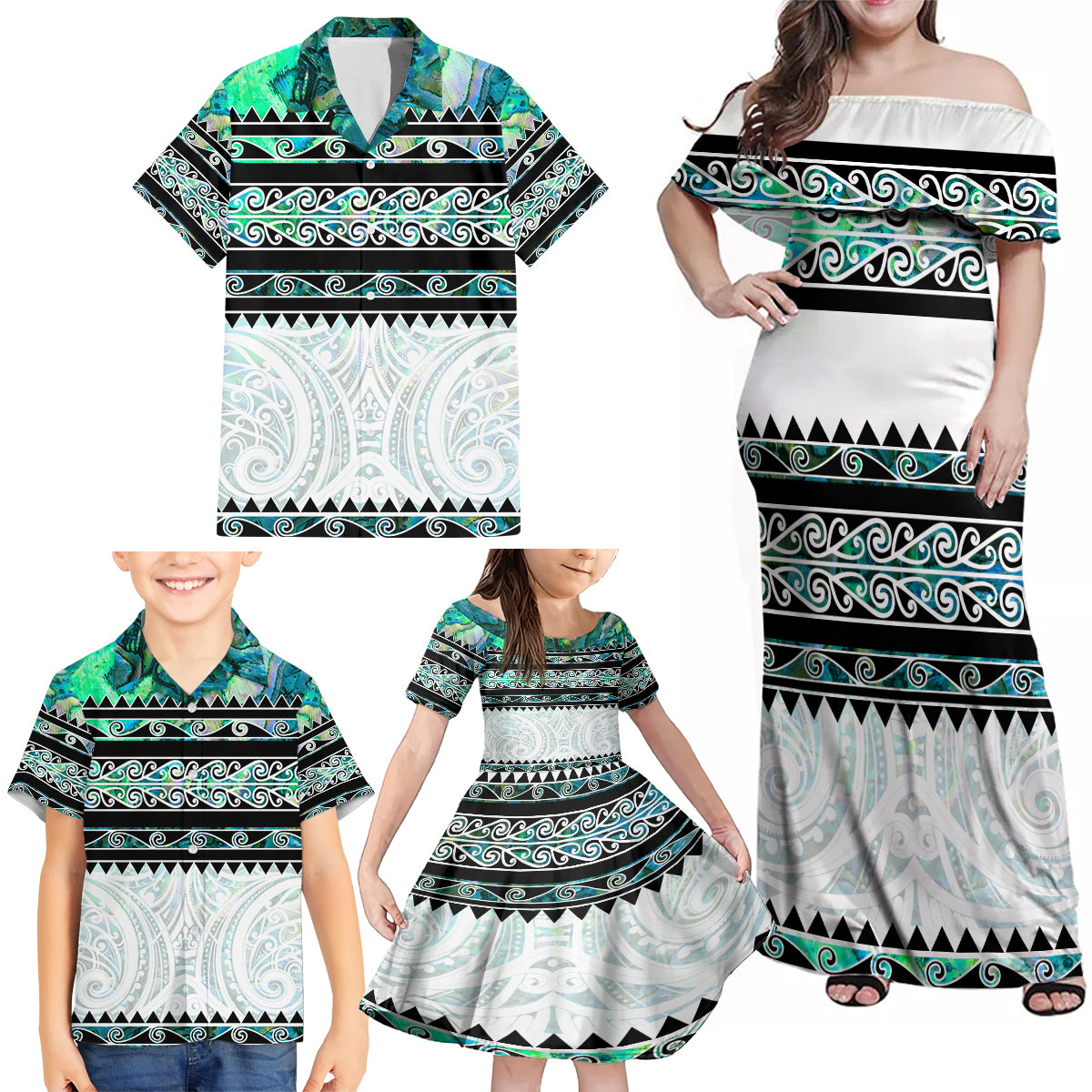 New Zealand Aotearoa Family Matching Off Shoulder Maxi Dress and Hawaiian Shirt With Paua Shell Kowhaiwhai Pattern LT05 - Polynesian Pride
