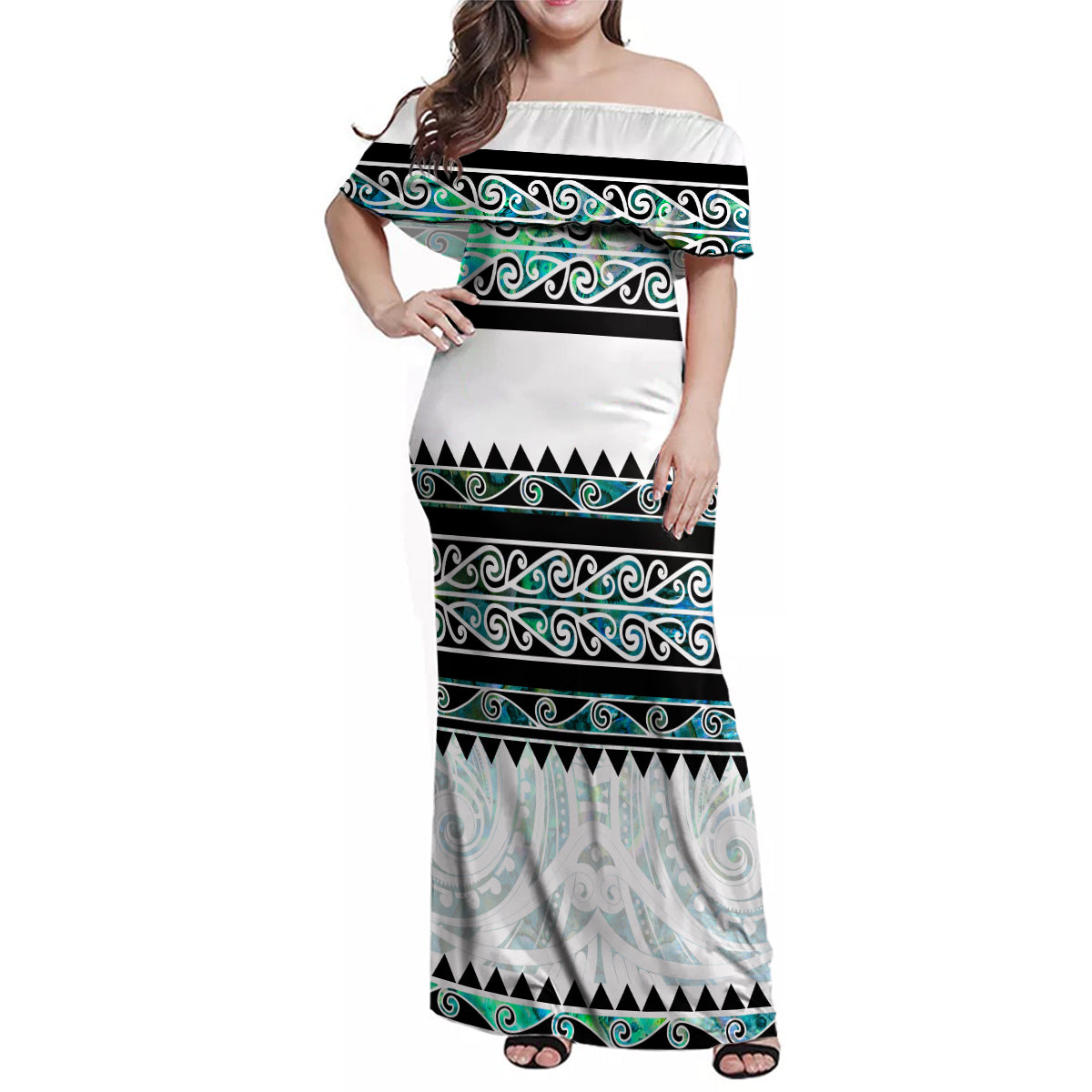 New Zealand Aotearoa Family Matching Off Shoulder Maxi Dress and Hawaiian Shirt With Paua Shell Kowhaiwhai Pattern LT05 Mom's Dress Green - Polynesian Pride