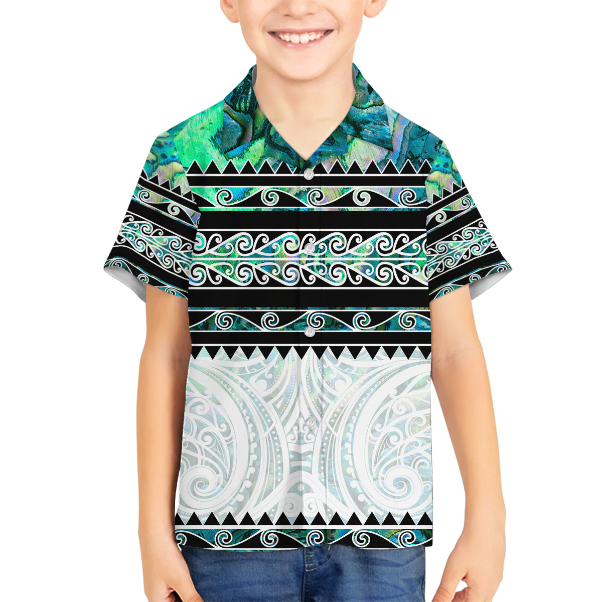 New Zealand Aotearoa Family Matching Off Shoulder Maxi Dress and Hawaiian Shirt With Paua Shell Kowhaiwhai Pattern LT05 Son's Shirt Green - Polynesian Pride