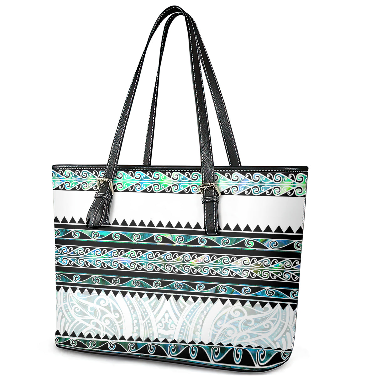 New Zealand Aotearoa Leather Tote Bag With Paua Shell Kowhaiwhai Pattern LT05 - Polynesian Pride