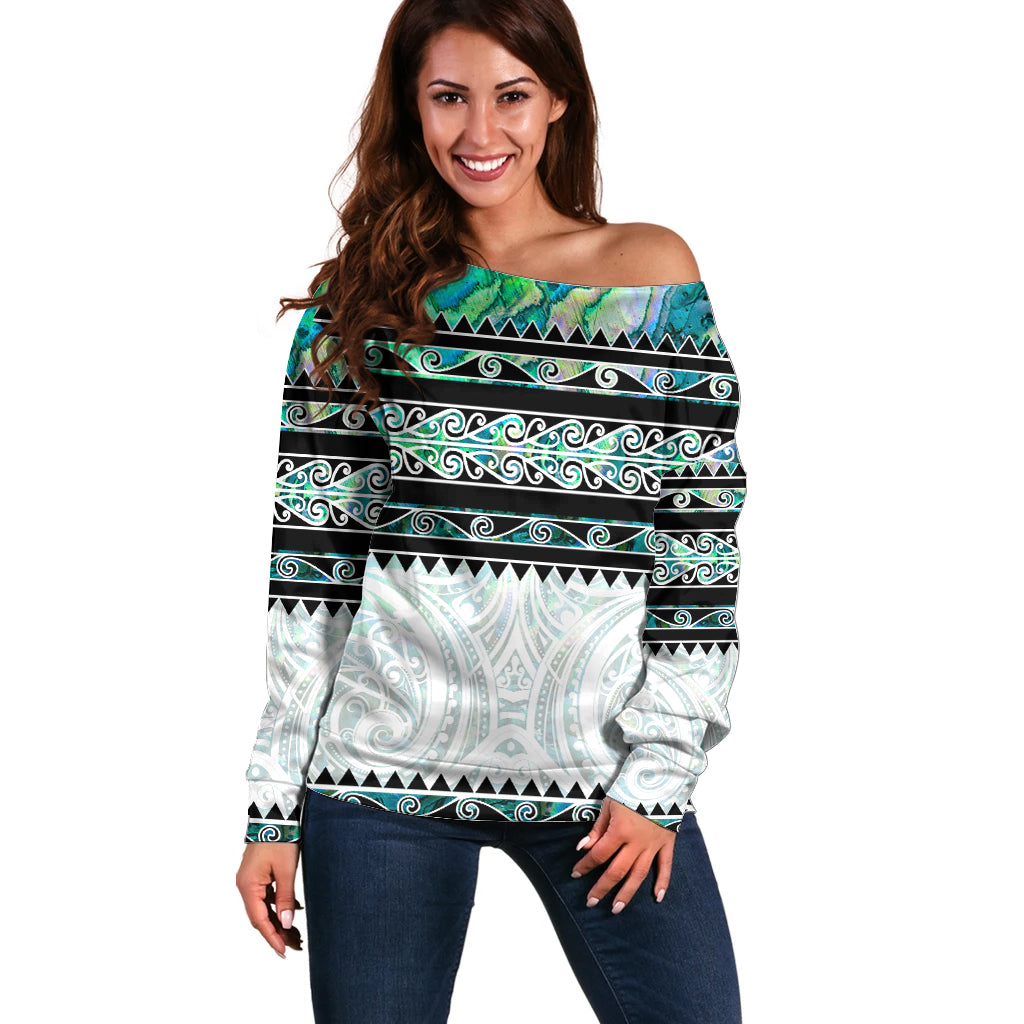 New Zealand Aotearoa Off Shoulder Sweater With Paua Shell Kowhaiwhai Pattern LT05 Women Green - Polynesian Pride