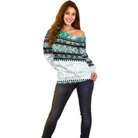 New Zealand Aotearoa Off Shoulder Sweater With Paua Shell Kowhaiwhai Pattern LT05 - Polynesian Pride