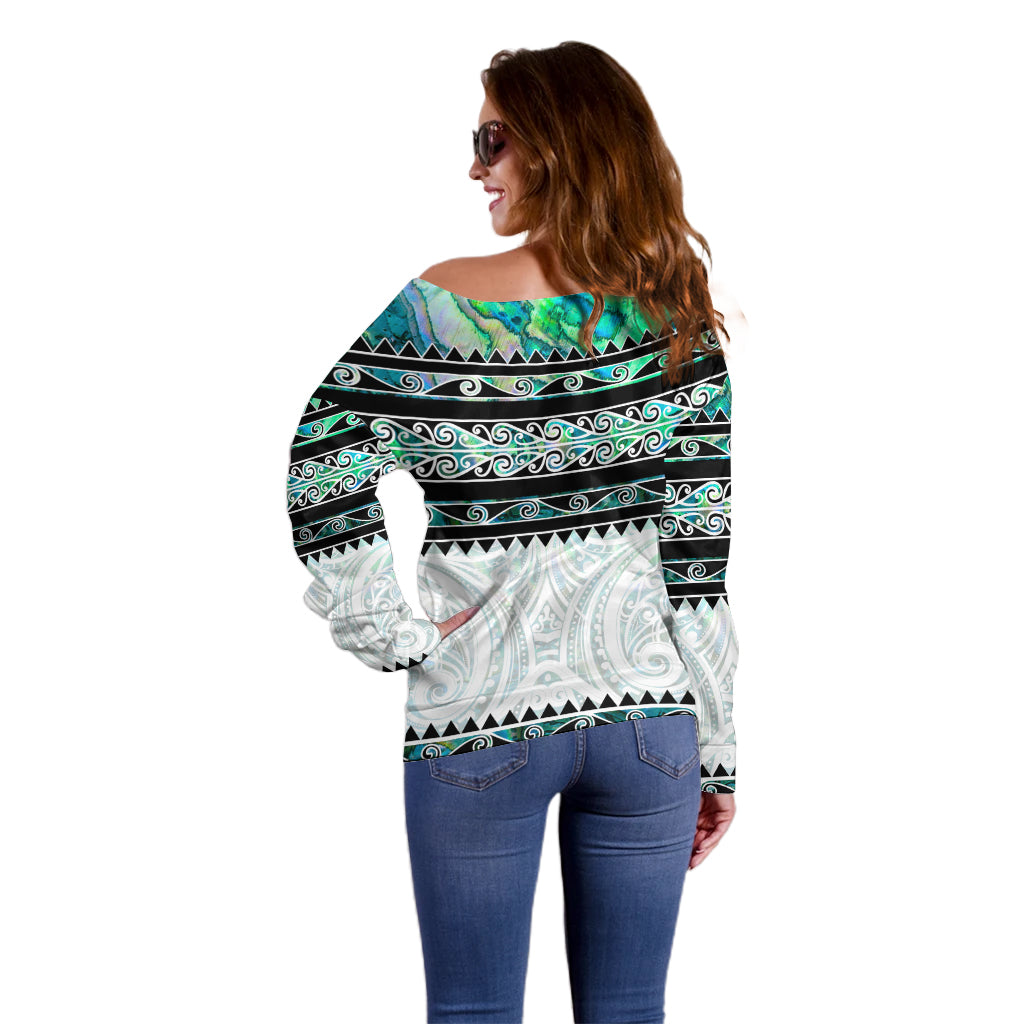 New Zealand Aotearoa Off Shoulder Sweater With Paua Shell Kowhaiwhai Pattern LT05 - Polynesian Pride