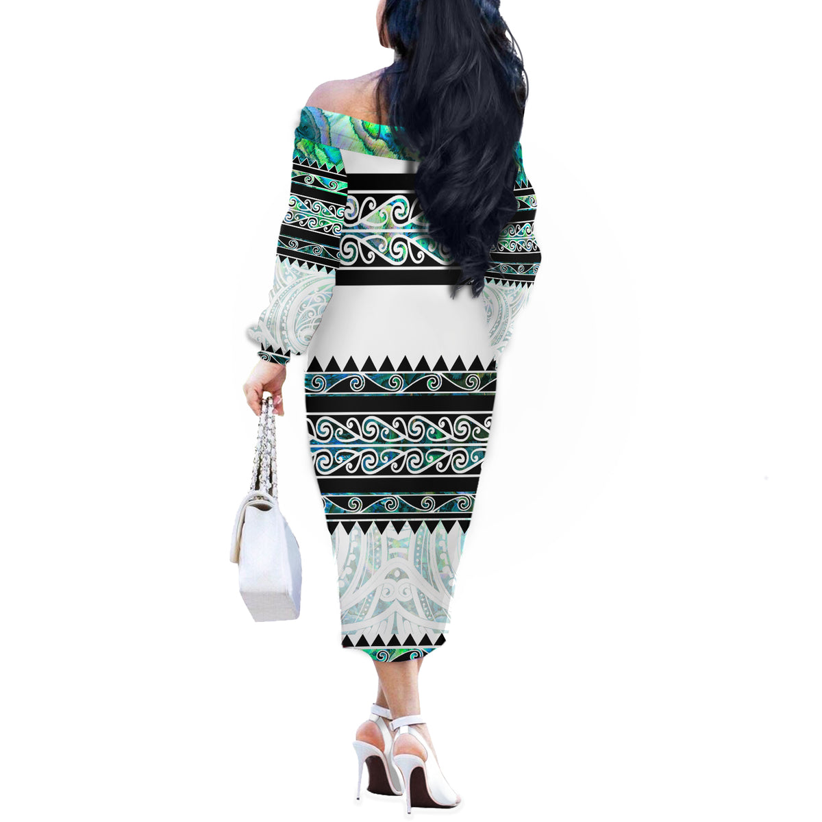 New Zealand Aotearoa Off The Shoulder Long Sleeve Dress With Paua Shell Kowhaiwhai Pattern LT05 - Polynesian Pride