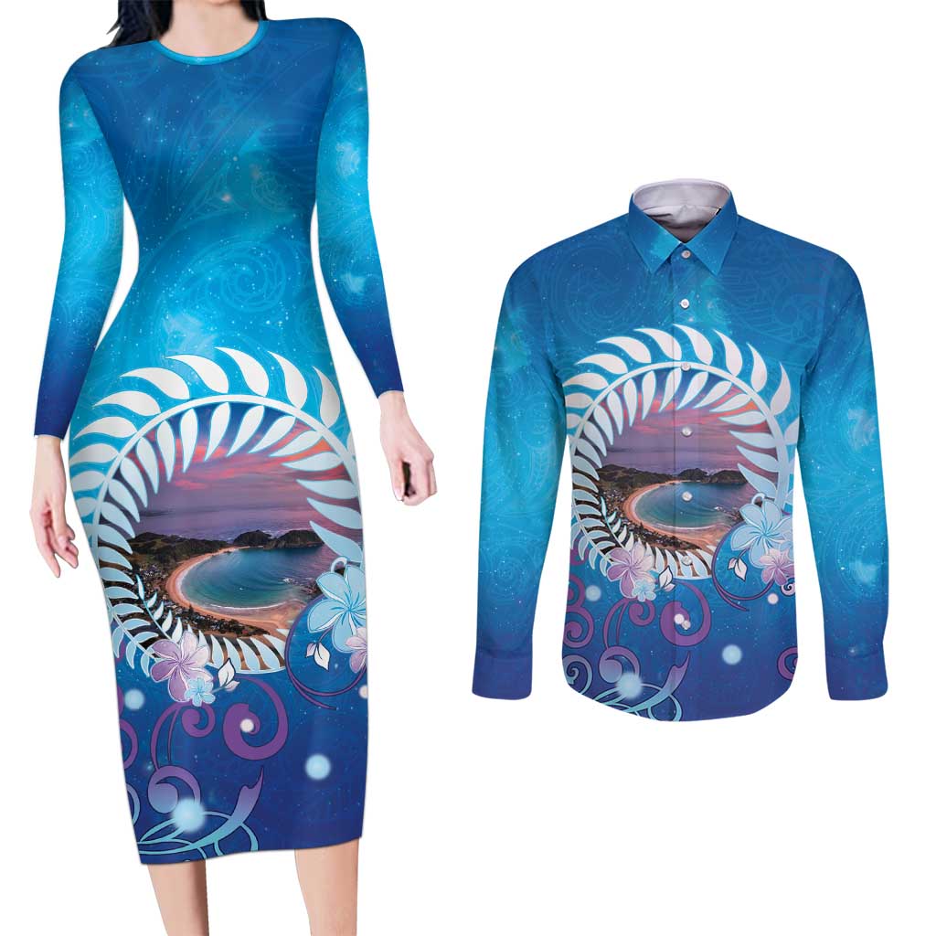New Zealand Matapouri Beach Landscape Couples Matching Long Sleeve Bodycon Dress and Long Sleeve Button Shirt