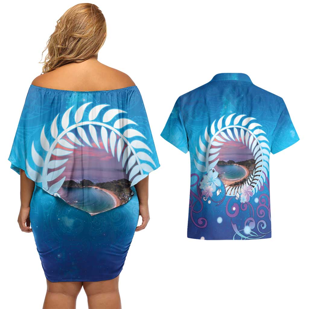 New Zealand Matapouri Beach Landscape Couples Matching Off Shoulder Short Dress and Hawaiian Shirt