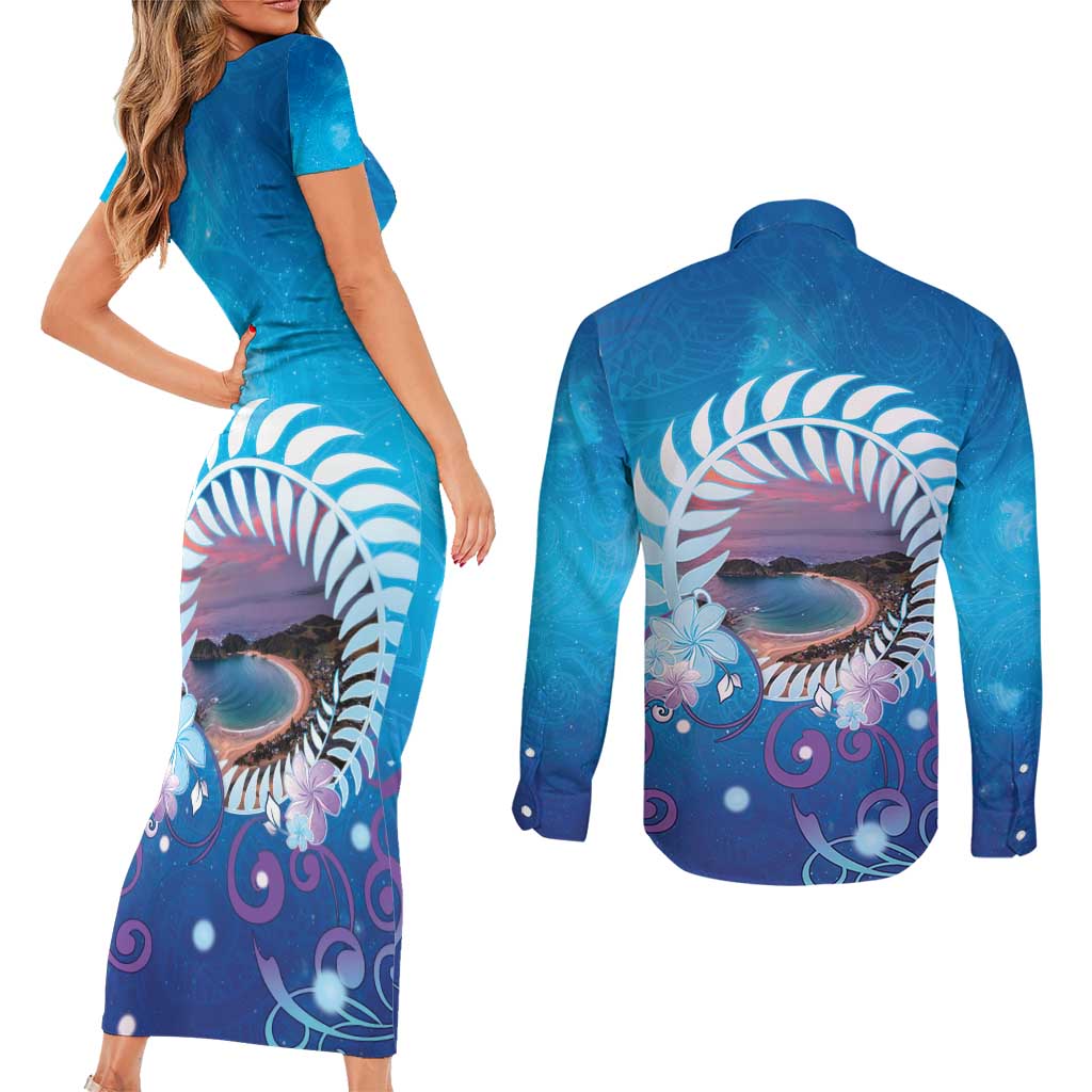 New Zealand Matapouri Beach Landscape Couples Matching Short Sleeve Bodycon Dress and Long Sleeve Button Shirt