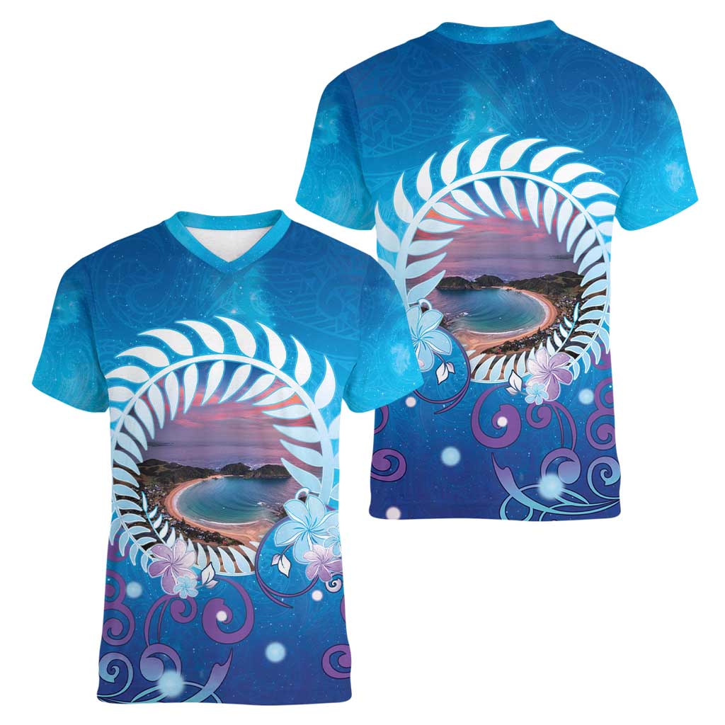 New Zealand Matapouri Beach Landscape Women V-Neck T-Shirt