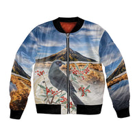 New Zealand Mount Taranaki Landscape Bomber Jacket Kokako Bird Polynesian Style LT05 Unisex Blue - Polynesian Pride