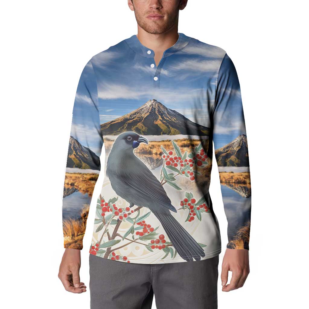 New Zealand Mount Taranaki Landscape Button Sweatshirt Kokako Bird Polynesian Style