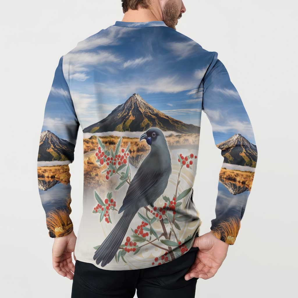 New Zealand Mount Taranaki Landscape Button Sweatshirt Kokako Bird Polynesian Style