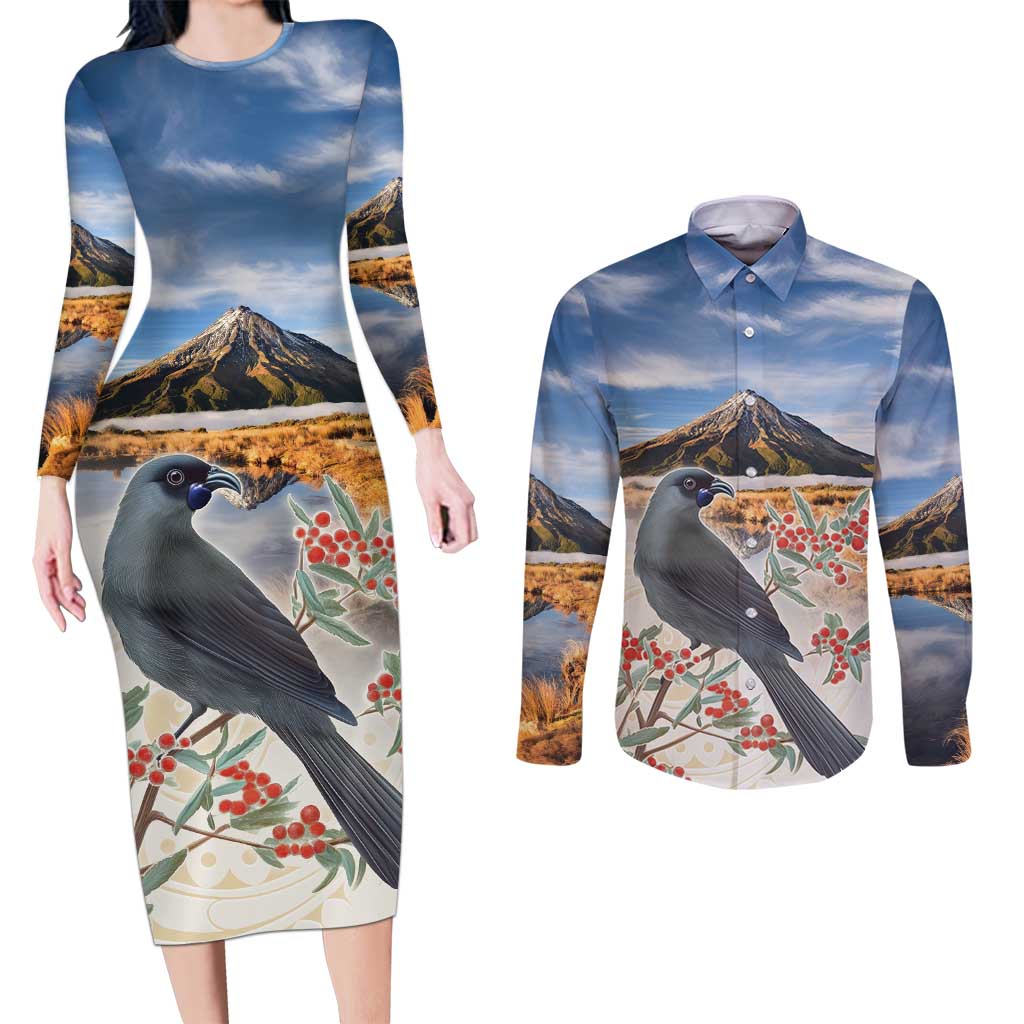 New Zealand Mount Taranaki Landscape Couples Matching Long Sleeve Bodycon Dress and Long Sleeve Button Shirt Kokako Bird Polynesian Style