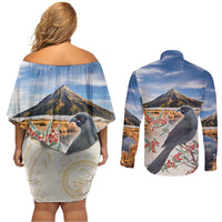 New Zealand Mount Taranaki Landscape Couples Matching Off Shoulder Short Dress and Long Sleeve Button Shirt Kokako Bird Polynesian Style