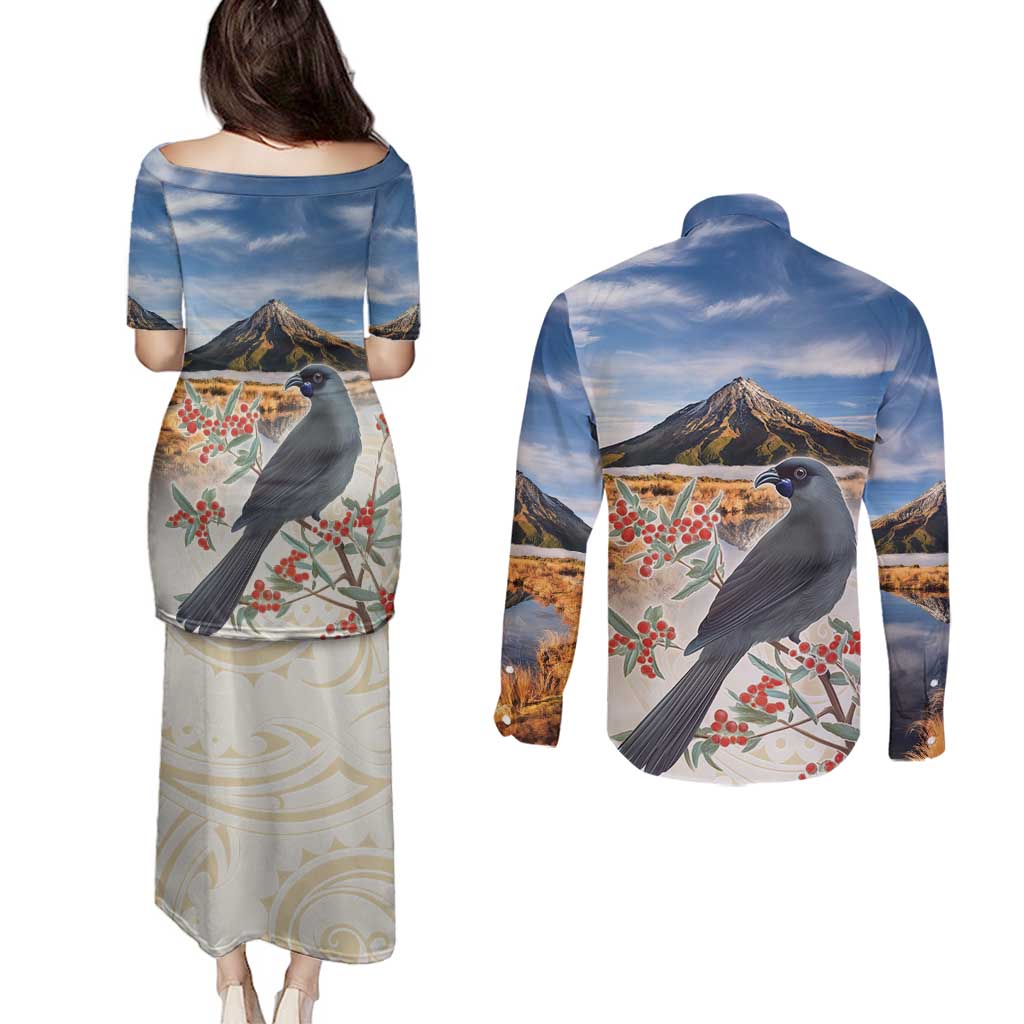 New Zealand Mount Taranaki Landscape Couples Matching Puletasi and Long Sleeve Button Shirt Kokako Bird Polynesian Style