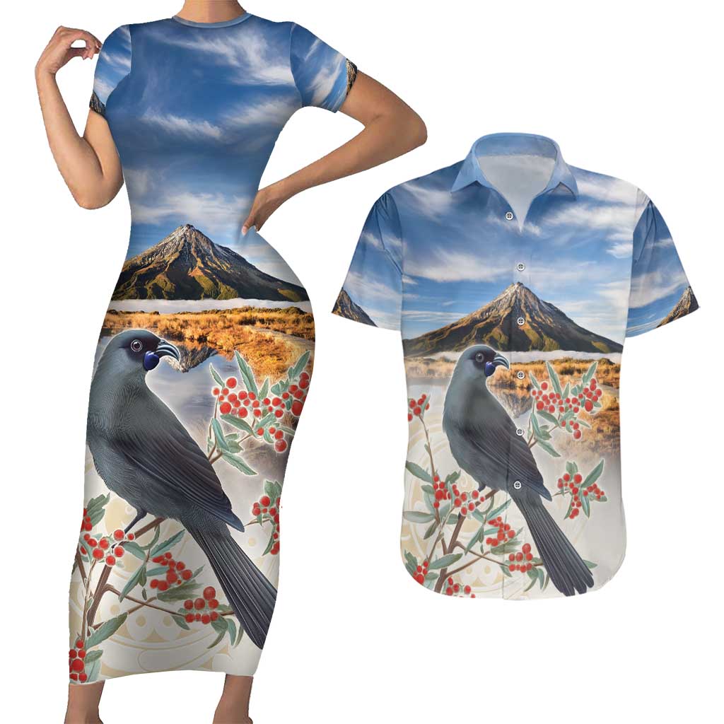 New Zealand Mount Taranaki Landscape Couples Matching Short Sleeve Bodycon Dress and Hawaiian Shirt Kokako Bird Polynesian Style