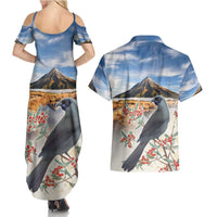 New Zealand Mount Taranaki Landscape Couples Matching Summer Maxi Dress and Hawaiian Shirt Kokako Bird Polynesian Style