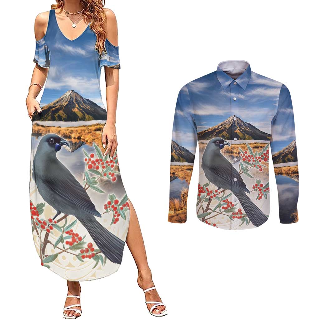 New Zealand Mount Taranaki Landscape Couples Matching Summer Maxi Dress and Long Sleeve Button Shirt Kokako Bird Polynesian Style