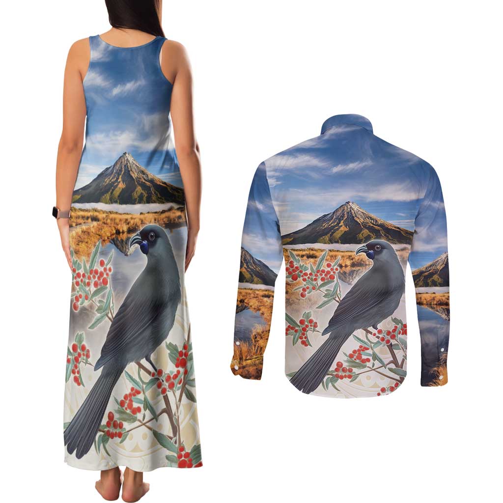 New Zealand Mount Taranaki Landscape Couples Matching Tank Maxi Dress and Long Sleeve Button Shirt Kokako Bird Polynesian Style