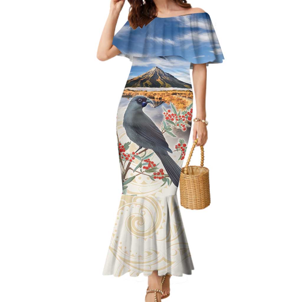 New Zealand Mount Taranaki Landscape Family Matching Mermaid Dress and Hawaiian Shirt Kokako Bird Polynesian Style