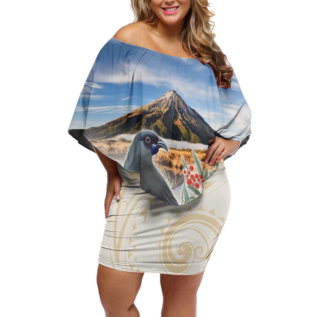 New Zealand Mount Taranaki Landscape Off Shoulder Short Dress Kokako Bird Polynesian Style