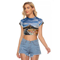 New Zealand Mount Taranaki Landscape Raglan Cropped T Shirt Kokako Bird Polynesian Style