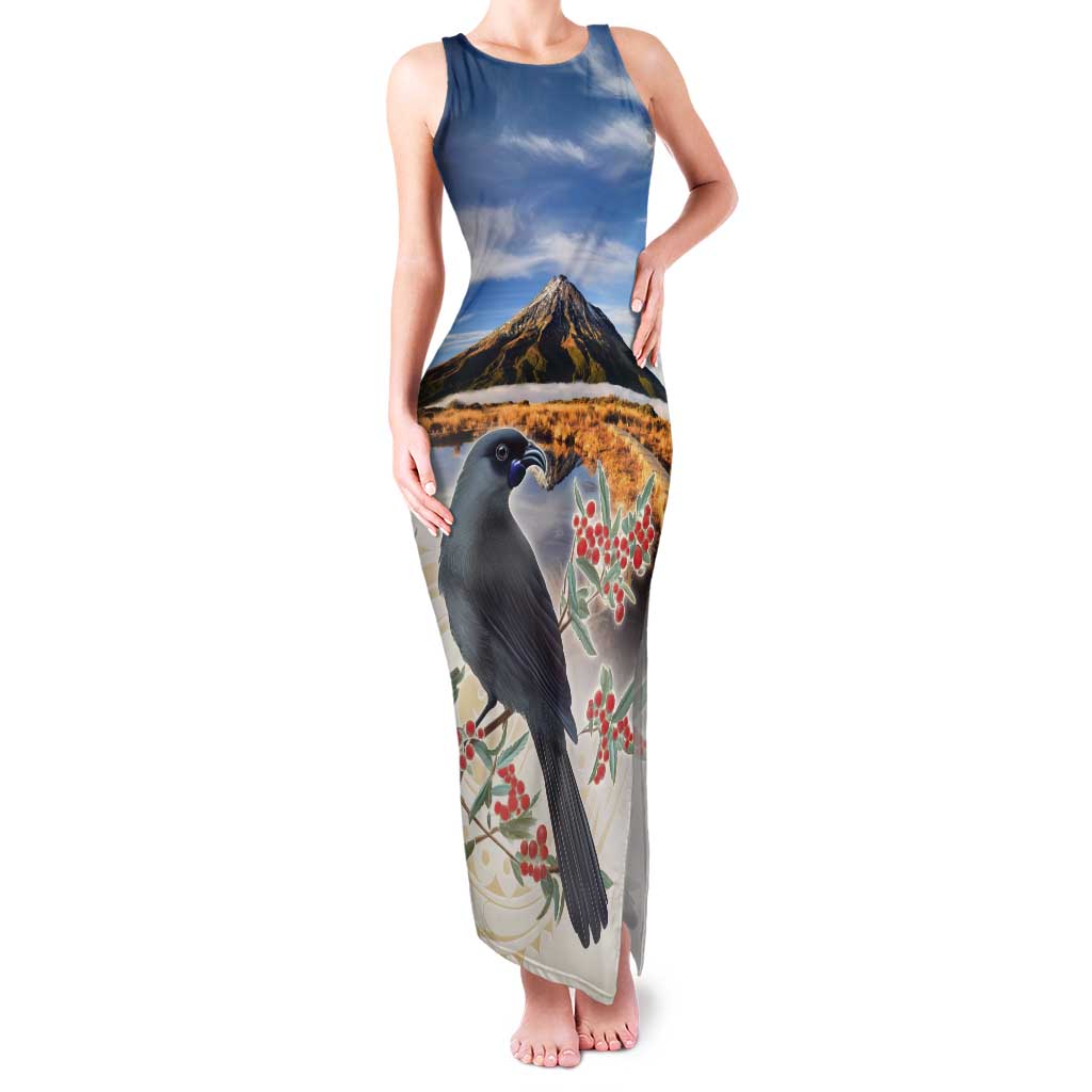 New Zealand Mount Taranaki Landscape Tank Maxi Dress Kokako Bird Polynesian Style