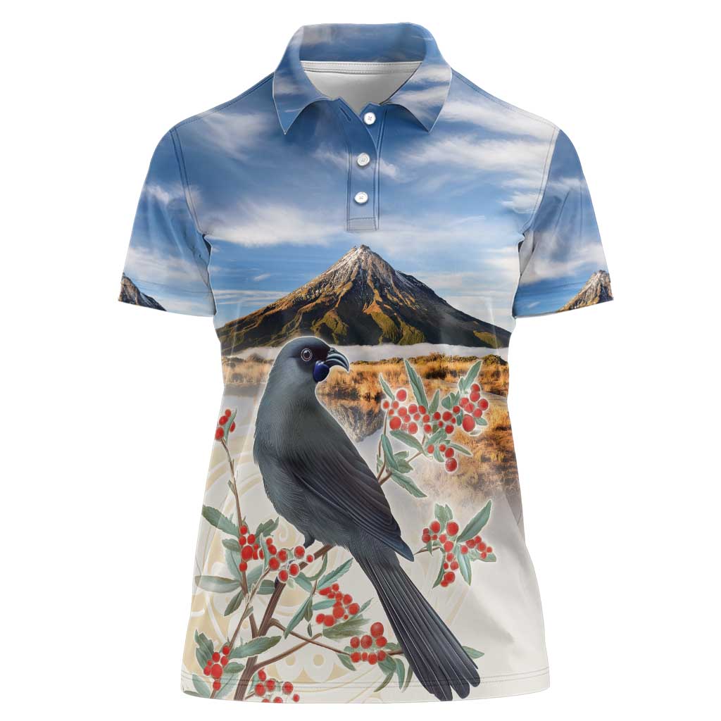 New Zealand Mount Taranaki Landscape Women Polo Shirt Kokako Bird Polynesian Style LT05 Female Blue - Polynesian Pride
