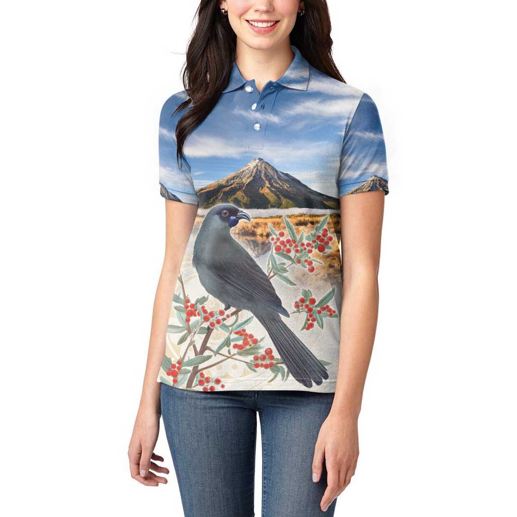 New Zealand Mount Taranaki Landscape Women Polo Shirt Kokako Bird Polynesian Style LT05 - Polynesian Pride